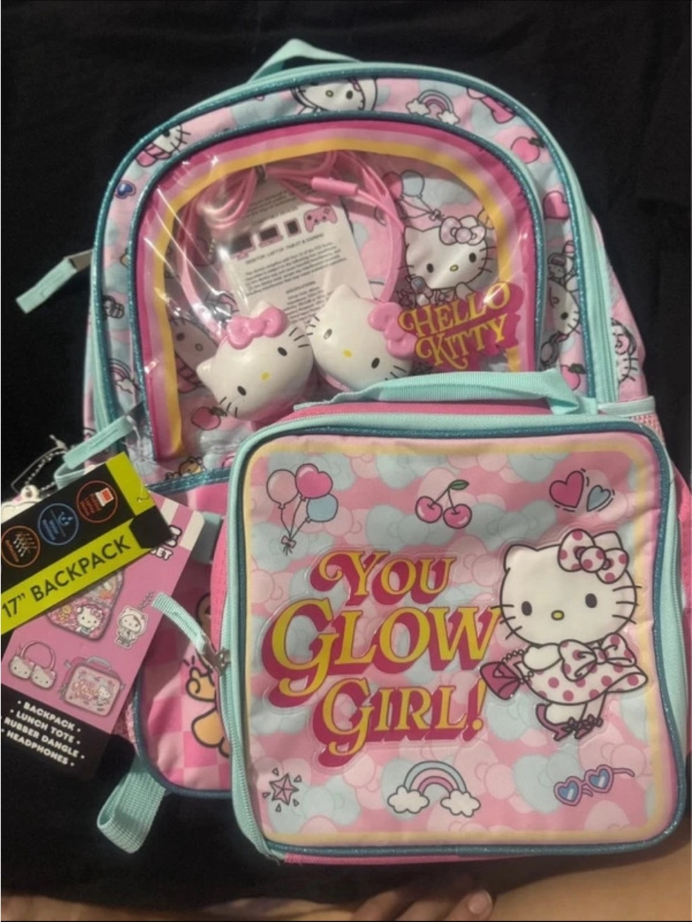 Hello Kitty Pink & Mint Kids Backpack and Lunch Bag Set - "You Glow Girl!"